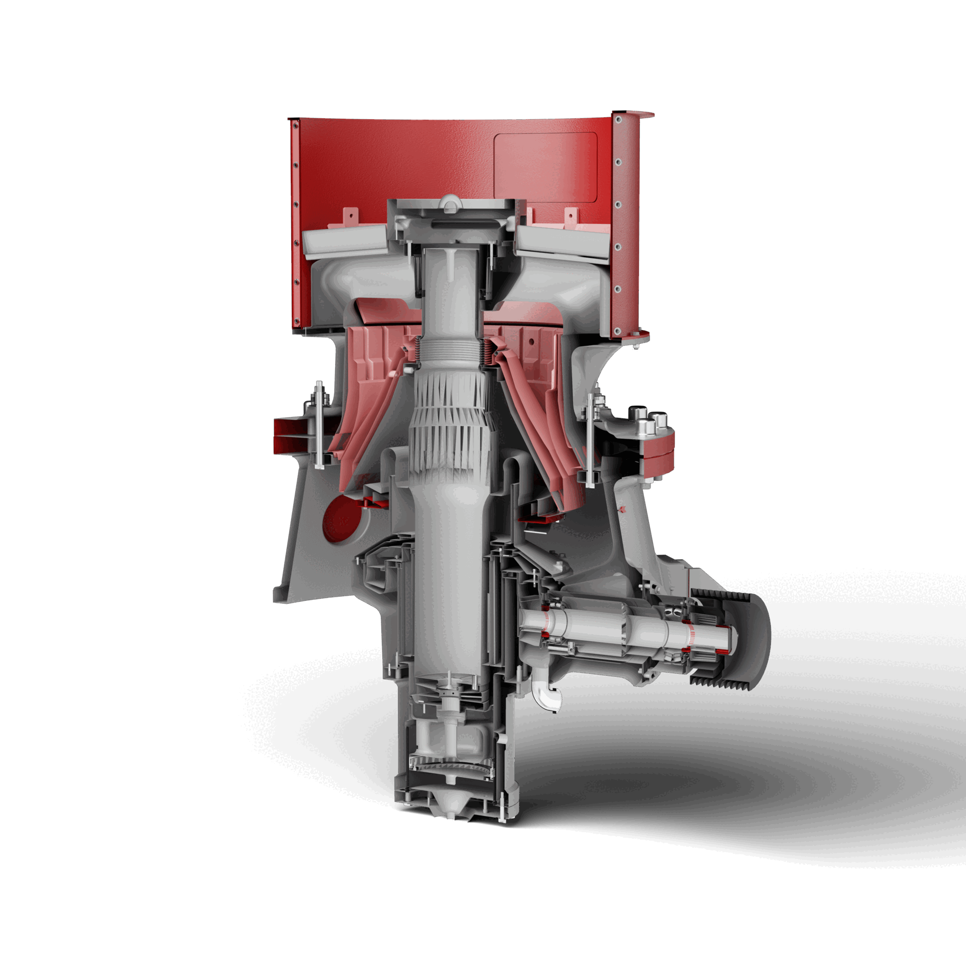 Trituradora de cono GELEN GHC vista en corte - manto, cóncavo, excéntrica y eje principal