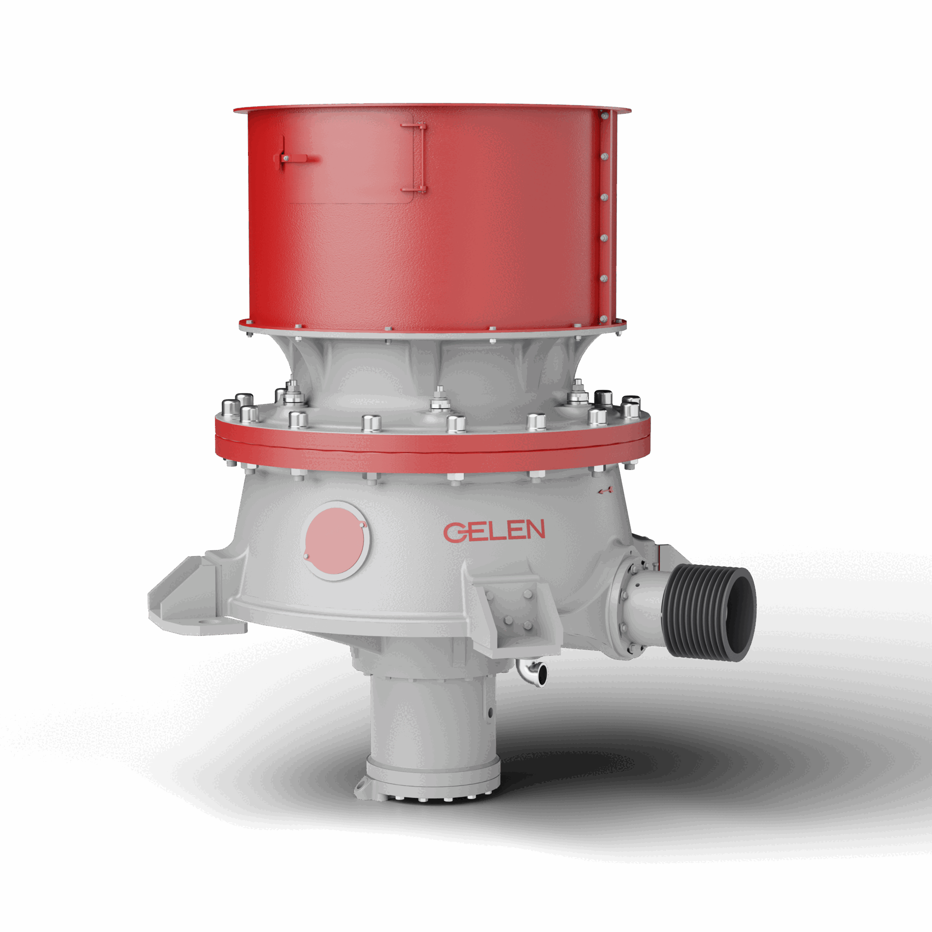 Trituradora de cono GELEN GHC vista lado motriz - eje excéntrico y acoplamiento del motor
