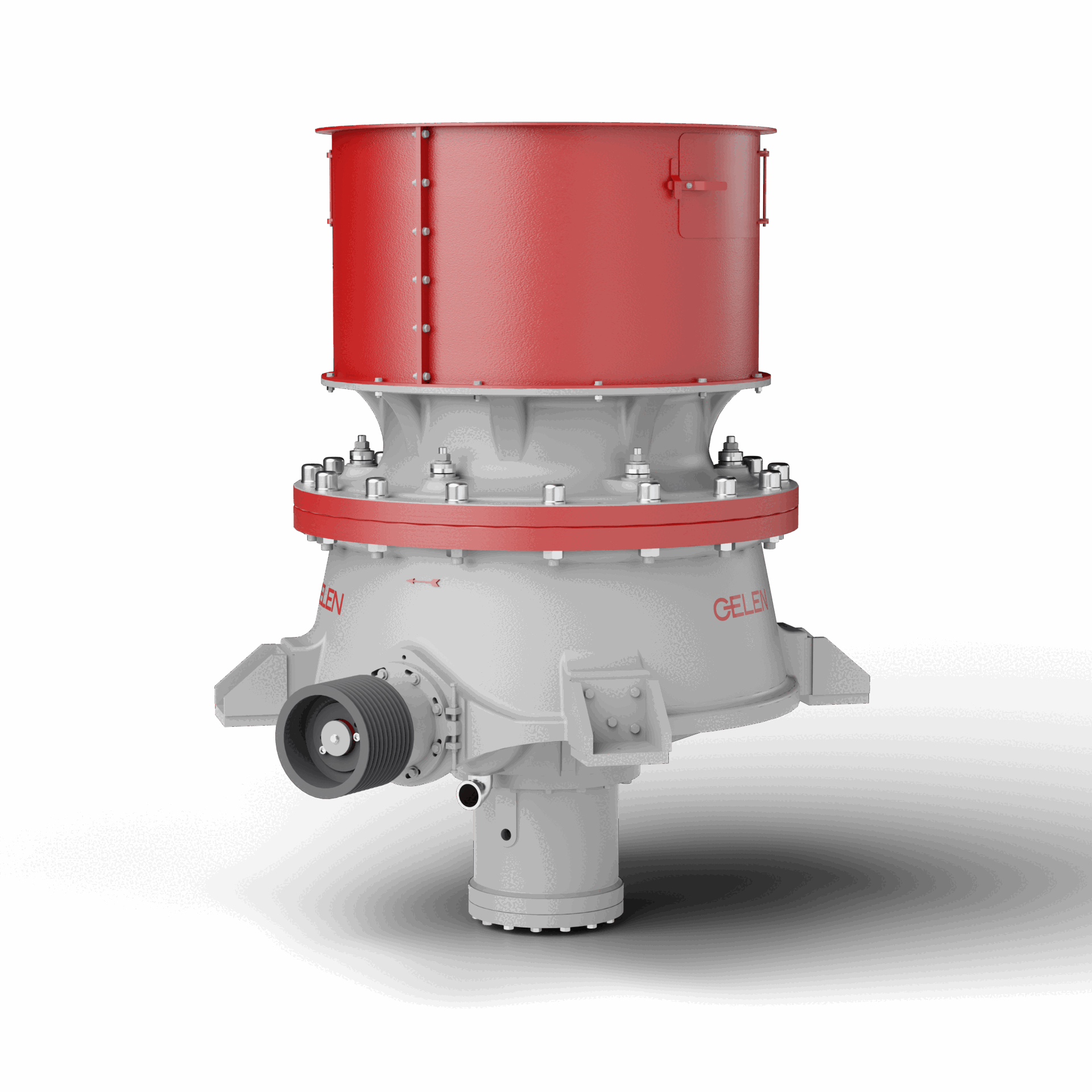 Trituradora de cono hidráulica GELEN Serie GHC con tolva de alimentación roja y conjunto motriz