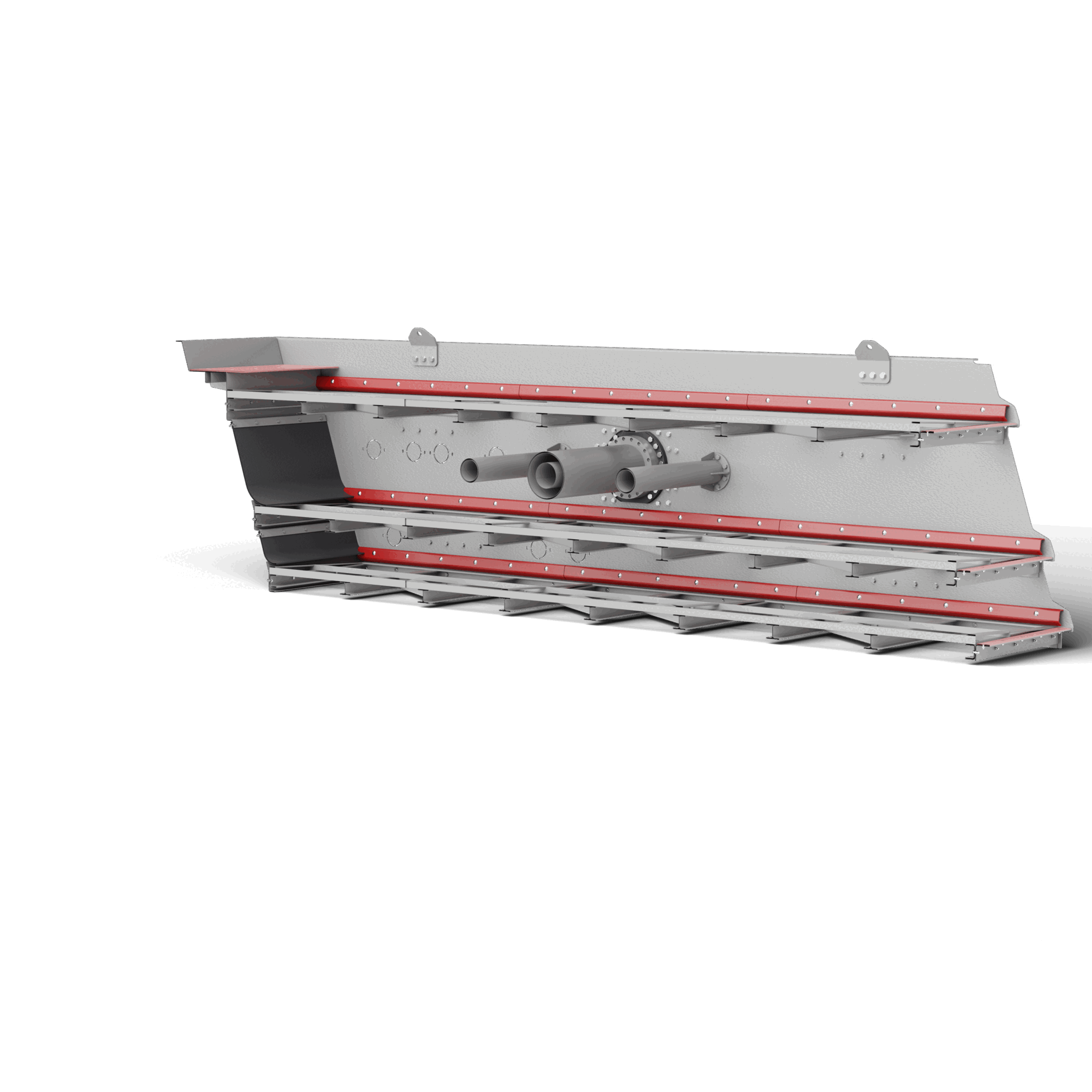 Widok w przekroju nachylnego przesiewacza STE pokazujący wał mimośrodowy i trzy pokłady